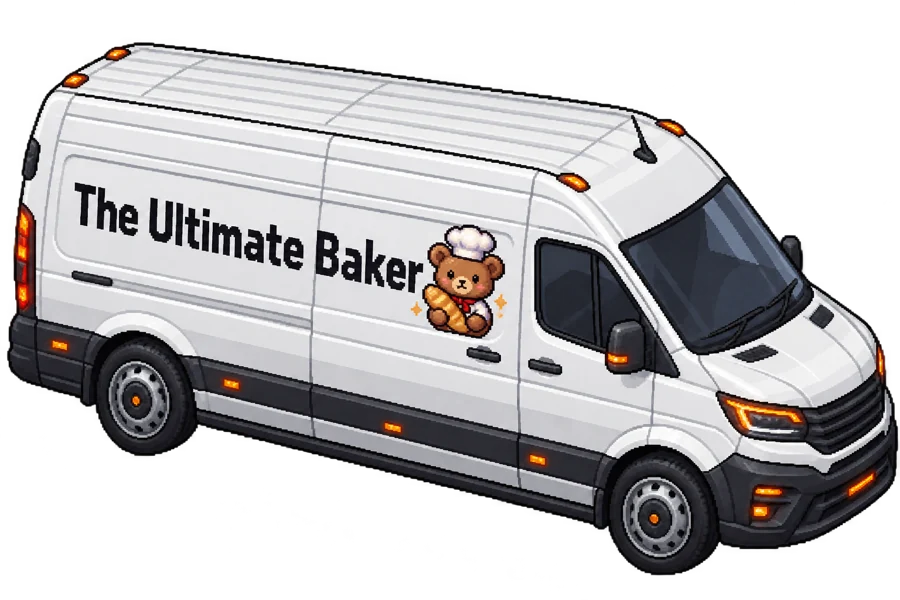 The Ultimate Baker yazılı beyaz BusHead minibüsü